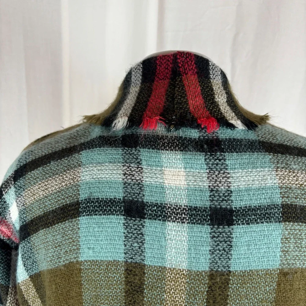 Upcycled Handmade Plaid Open Front Cardigan Jacket Frayed Hem Multi-Color